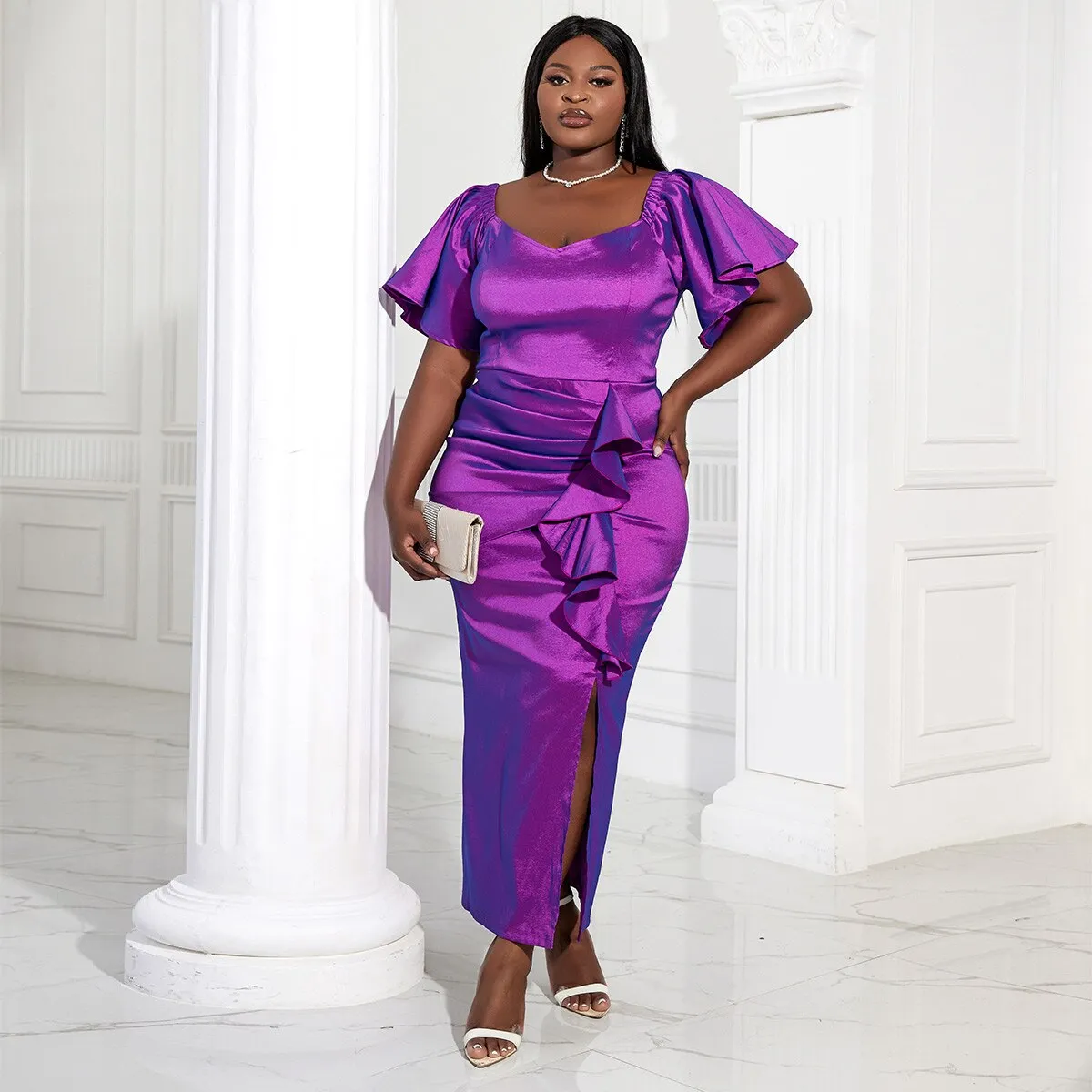 Women  Bodycon Purple Pleated Ruffled Party Dress