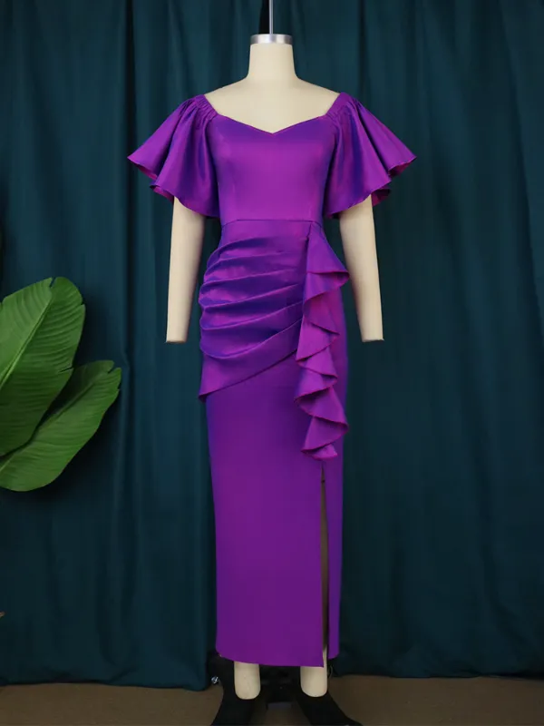 Women  Bodycon Purple Pleated Ruffled Party Dress