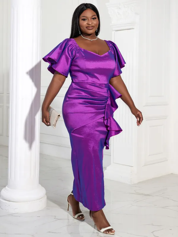 Women  Bodycon Purple Pleated Ruffled Party Dress