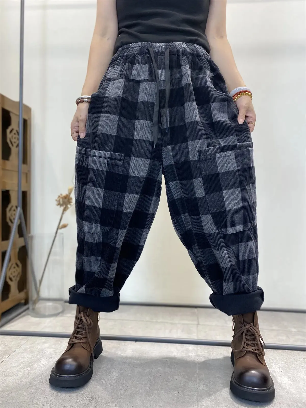 Women Plaid Corduroy Loose Harem Pants