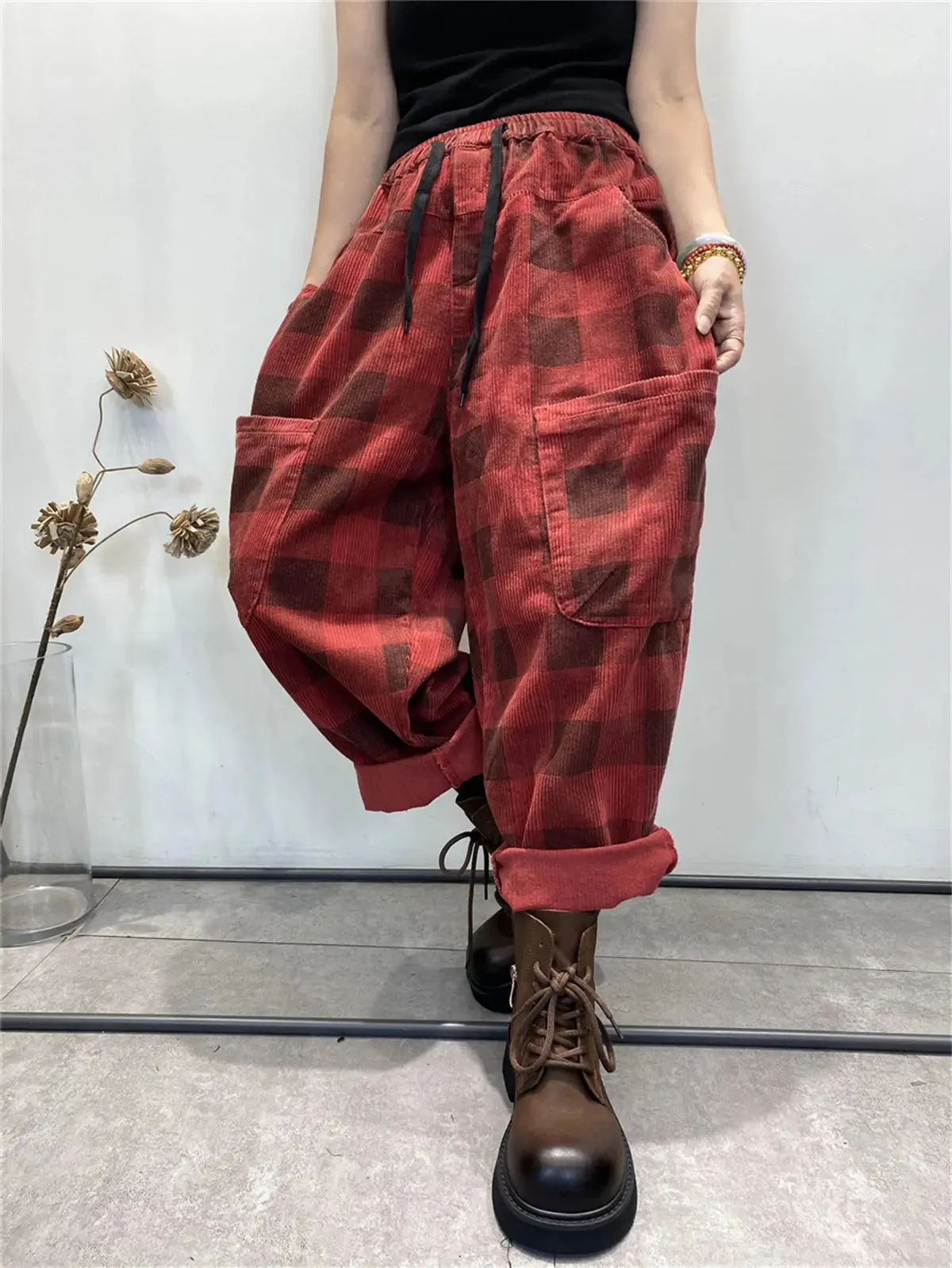 Women Plaid Corduroy Loose Harem Pants
